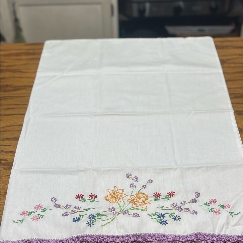 Vintage handmade Embroidered pillowcase Floral Lavender Trim